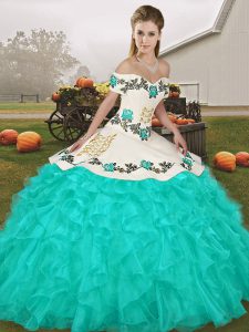 Flare Turquoise Lace Up Off The Shoulder Embroidery and Ruffles 15th Birthday Dress Organza Sleeveless