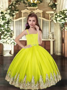 Yellow Green Ball Gowns Tulle Straps Sleeveless Embroidery Floor Length Lace Up Pageant Dresses