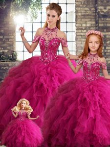 Gorgeous Fuchsia Tulle Lace Up Halter Top Sleeveless Floor Length 15 Quinceanera Dress Beading and Ruffles