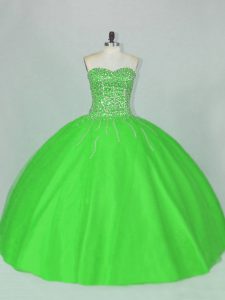 Green Ball Gowns Beading 15th Birthday Dress Lace Up Tulle Sleeveless Floor Length