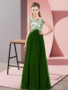 Super Green Empire Chiffon Scoop Sleeveless Beading and Appliques Floor Length Zipper Dama Dress