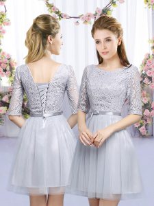 High End Grey Tulle Lace Up Scoop Half Sleeves Mini Length Wedding Guest Dresses Lace and Belt