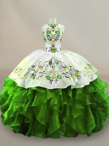 Green Ball Gowns Halter Top Sleeveless Organza Floor Length Lace Up Embroidery 15 Quinceanera Dress