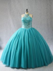 Sleeveless Brush Train Lace Up Beading Ball Gown Prom Dress