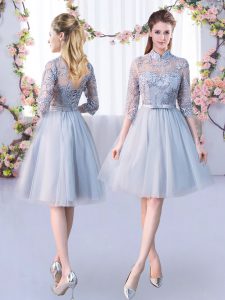 Knee Length Empire Half Sleeves Grey Bridesmaids Dress Lace Up