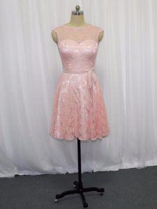 Sleeveless Lace Mini Length Zipper Prom Evening Gown in Pink and Baby Pink with Beading and Lace