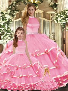 Pink Quinceanera Dresses For with Beading and Ruffled Layers High-neck Sleeveless Lace Up