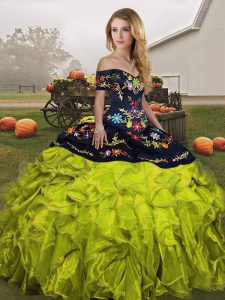Great Floor Length Lace Up Ball Gown Prom Dress Olive Green for Military Ball and Sweet 16 and Quinceanera with Embroide
