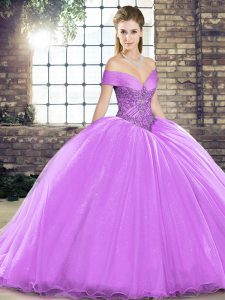 Off The Shoulder Sleeveless Brush Train Lace Up Quinceanera Gown Lavender Organza