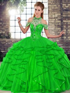 Free and Easy Green Lace Up Halter Top Beading and Ruffles Quinceanera Gowns Tulle Sleeveless