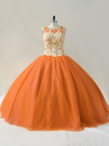 Exquisite Orange Ball Gowns Scoop Sleeveless Tulle Floor Length Lace Up Beading and Appliques 15th Birthday Dress