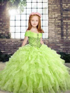 Floor Length Lace Up Little Girl Pageant Dress Yellow Green for Party and Wedding Party with Beading