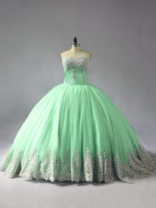 Clearance Apple Green Lace Up Sweetheart Appliques 15 Quinceanera Dress Tulle Sleeveless Court Train