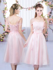 Colorful Baby Pink Short Sleeves Tulle Lace Up Bridesmaid Dresses for Wedding Party