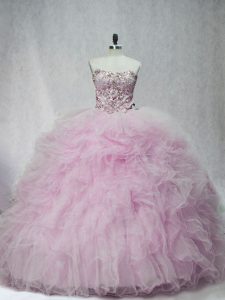 Superior Lilac Sleeveless Brush Train Beading and Ruffles Ball Gown Prom Dress