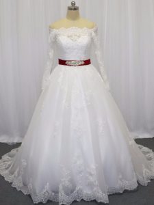 White Long Sleeves Brush Train Beading and Lace and Belt Wedding Gowns