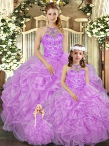 Lilac Halter Top Lace Up Beading and Ruffles Quinceanera Dress Sleeveless