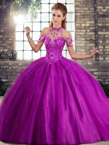 Halter Top Sleeveless Brush Train Lace Up Ball Gown Prom Dress Purple Tulle