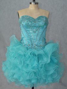 Attractive Mini Length Lace Up Homecoming Dress Aqua Blue for Prom and Party with Beading and Ruffles