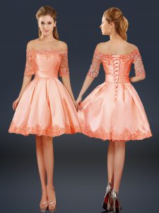 Flirting Half Sleeves Satin Mini Length Lace Up Homecoming Dress in Peach with Lace and Appliques