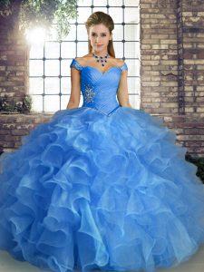 High End Blue Quinceanera Gown Military Ball and Sweet 16 and Quinceanera with Beading and Ruffles Off The Shoulder Slee