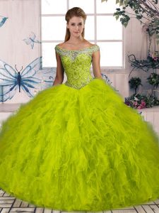 Off The Shoulder Sleeveless 15 Quinceanera Dress Brush Train Beading and Ruffles Olive Green Tulle