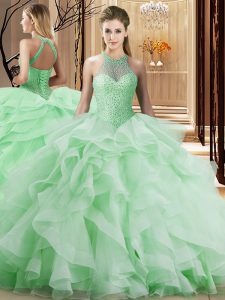Halter Top Sleeveless Organza 15 Quinceanera Dress Beading and Ruffles Brush Train Lace Up