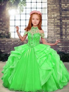 Fancy Green Sleeveless Floor Length Beading Lace Up Little Girls Pageant Dress