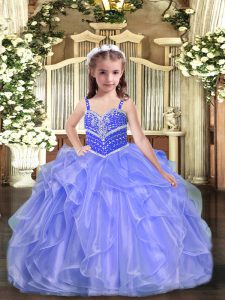 Popular Straps Sleeveless Pageant Gowns For Girls Floor Length Beading and Ruffles Lavender Organza