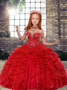 Perfect Sleeveless Floor Length Beading Lace Up Girls Pageant Dresses with Red