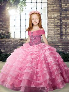 Ball Gowns Sleeveless Rose Pink Pageant Gowns For Girls Brush Train Lace Up