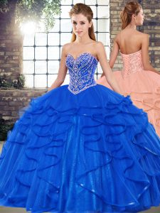 Beautiful Royal Blue Lace Up Sweetheart Beading and Ruffles Ball Gown Prom Dress Tulle Sleeveless