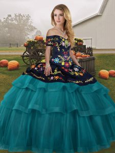 Embroidery and Ruffled Layers Vestidos de Quinceanera Teal Lace Up Sleeveless Brush Train