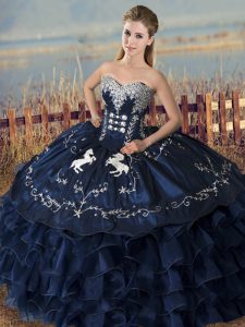 Floor Length Navy Blue Ball Gown Prom Dress Satin and Organza Sleeveless Embroidery and Ruffles