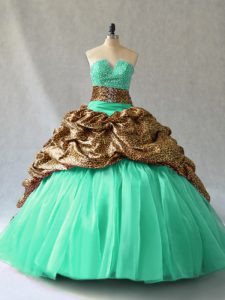 Aqua Blue and Turquoise Lace Up Quinceanera Gown Beading and Pick Ups Sleeveless Brush Train