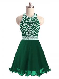 Sleeveless Chiffon Mini Length Lace Up Prom Gown in Green with Beading