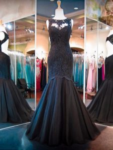Super Black Mermaid Tulle Scoop Sleeveless Lace Floor Length Backless Prom Evening Gown