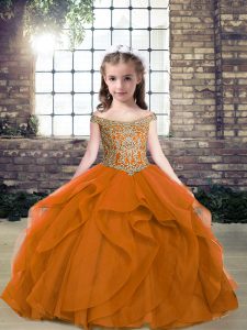 Custom Fit Orange Off The Shoulder Neckline Beading Pageant Gowns Sleeveless Lace Up