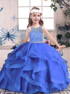 Scoop Sleeveless Tulle Kids Formal Wear Beading and Ruffles Lace Up