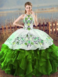 Glittering Floor Length Green Sweet 16 Dress Sleeveless Embroidery and Ruffles