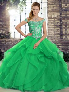 Green Lace Up Off The Shoulder Beading and Ruffles Ball Gown Prom Dress Tulle Sleeveless Brush Train