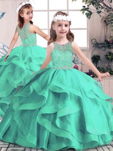 Aqua Blue Ball Gowns Tulle Scoop Sleeveless Beading and Ruffles Floor Length Lace Up Little Girls Pageant Gowns