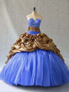 Charming Blue Ball Gowns V-neck Sleeveless Organza and Printed Brush Train Lace Up Beading and Pick Ups 15th Birthday Dr