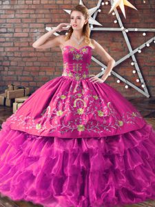 Fuchsia Sweetheart Lace Up Embroidery Sweet 16 Dresses Sleeveless