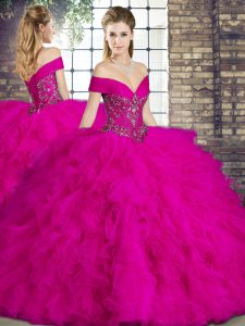 Fuchsia Quince Ball Gowns Military Ball and Sweet 16 and Quinceanera with Beading and Ruffles Off The Shoulder Sleeveles