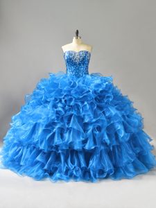 Cute Sweetheart Sleeveless Organza Ball Gown Prom Dress Beading and Ruffles and Sequins Lace Up