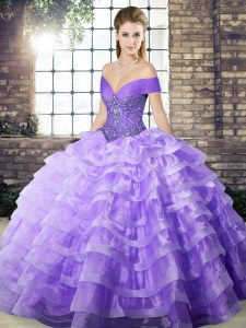 Lavender Sleeveless Organza Brush Train Lace Up Quinceanera Dresses for Military Ball and Sweet 16 and Quinceanera