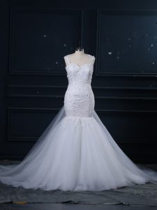 Pretty White Wedding Gowns Wedding Party with Lace Straps Sleeveless Brush Train Side Zipper