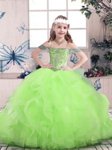 Tulle Lace Up Off The Shoulder Sleeveless Floor Length Kids Formal Wear Beading and Ruffles