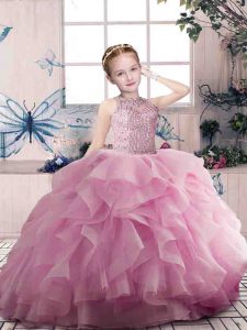 Exquisite Pink Sleeveless Floor Length Beading and Ruffles Zipper Little Girls Pageant Gowns